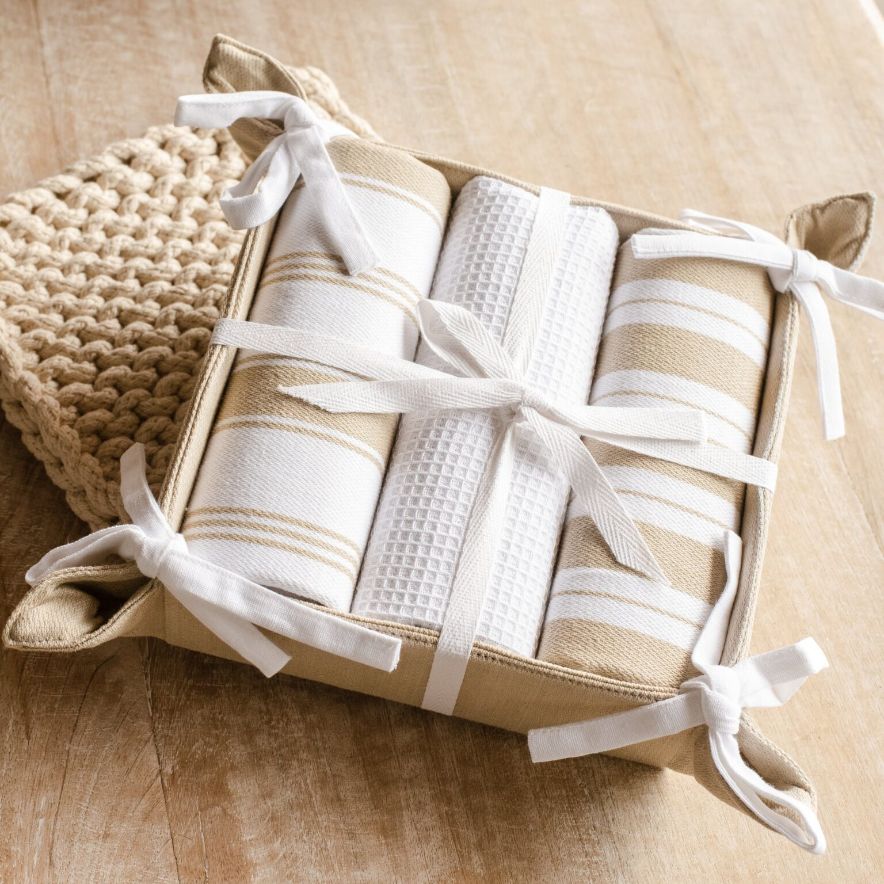3pc. Towel & Tray Gift Set, Tan/White