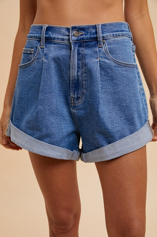 Mom Chic Pleat & Cuffed Denim Shorts