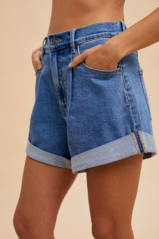 Mom Chic Pleat & Cuffed Denim Shorts