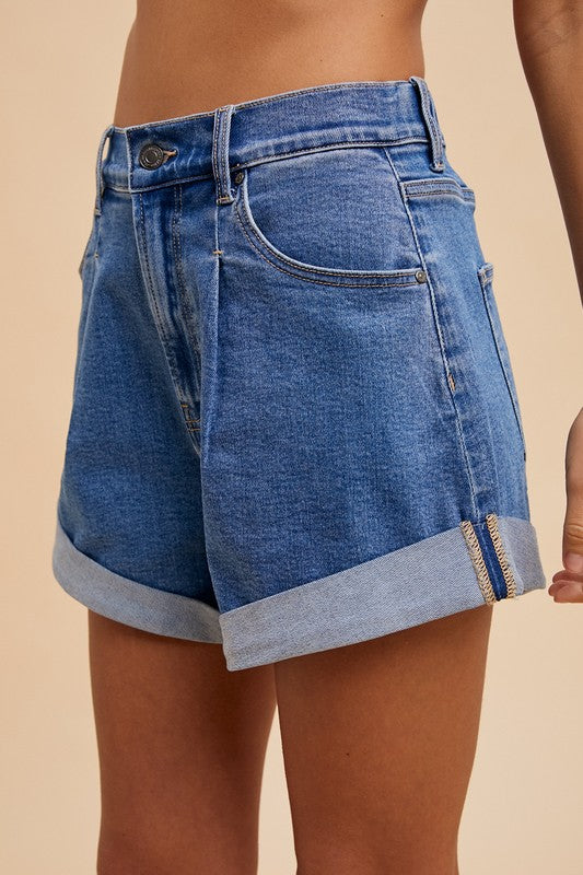 Mom Chic Pleat & Cuffed Denim Shorts