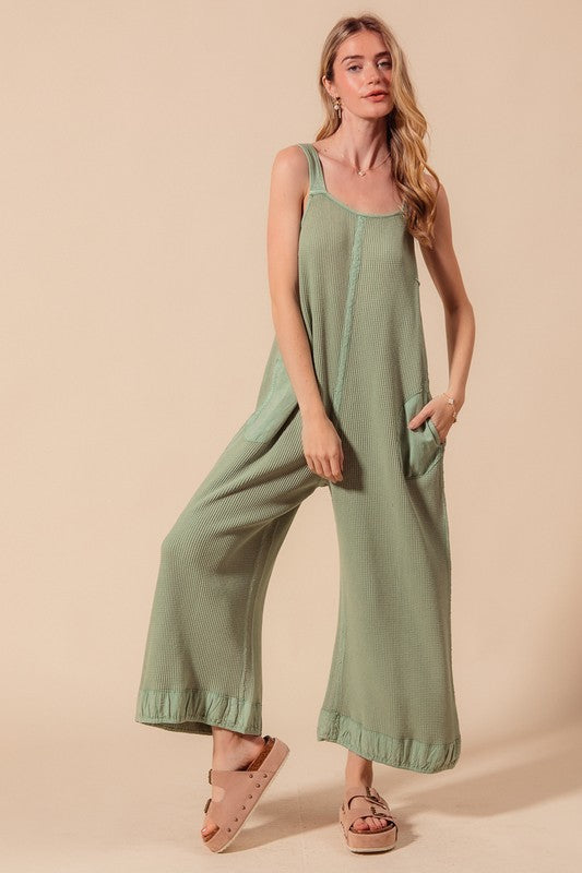 Carefree Vibe (Sage) Waffle Overalls