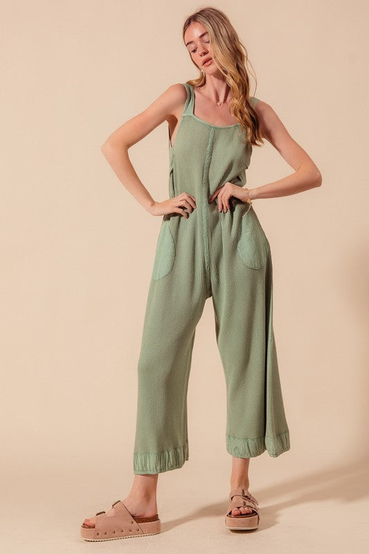 Carefree Vibe (Sage) Waffle Overalls