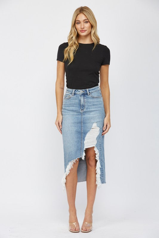 It Girl by Mica Distressed Denim Midi Skirt
