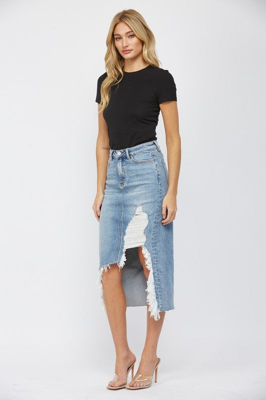 It Girl by Mica Distressed Denim Midi Skirt