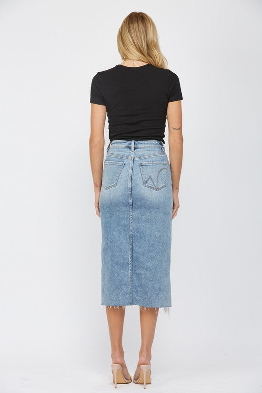 It Girl by Mica Distressed Denim Midi Skirt