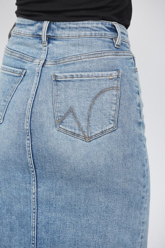 It Girl by Mica Distressed Denim Midi Skirt