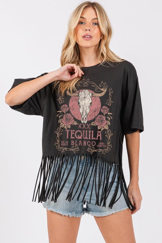 Tequila Blanco Vintage Fringed Graphic Tee