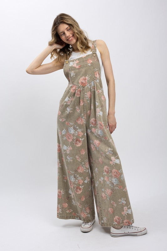 For Love (Khaki) Floral Wide Leg Overalls
