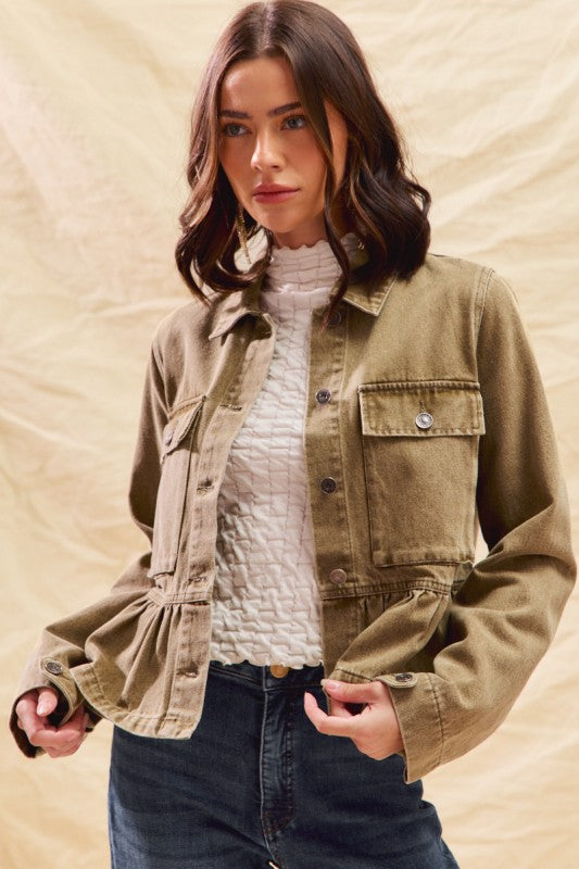 Layered Up (Olive) Denim Ruffle Jacket