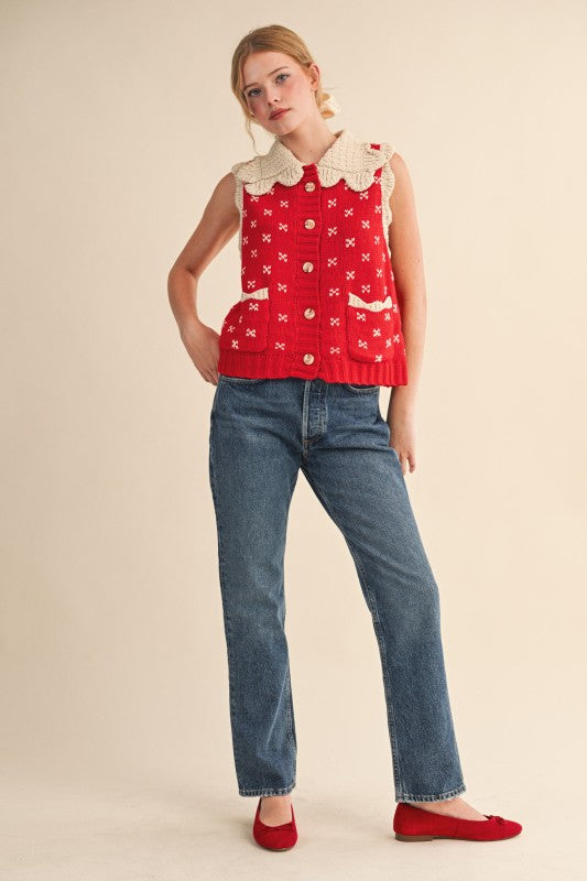 Rose Are (Red) Doll Collar Sweater Vest