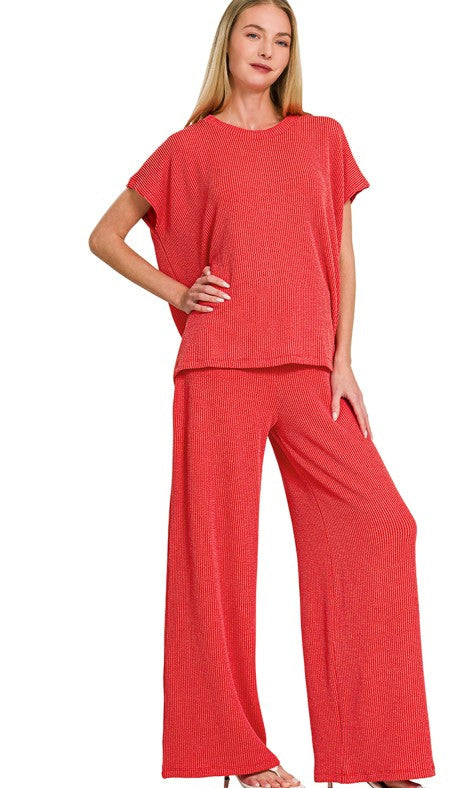 In Motion (Red) Ribbed Wide Leg Pants