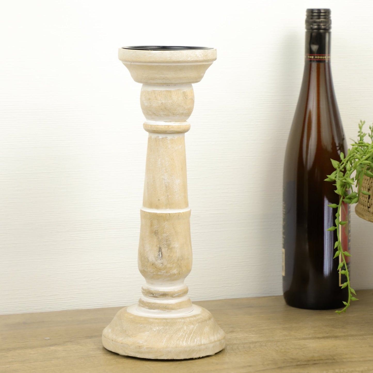 12" Carved Wood Candle Holder