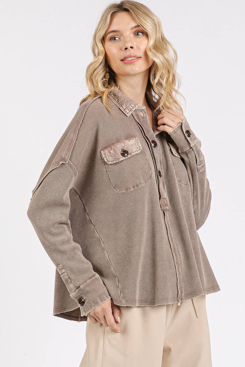 There She Goes (Taupe) Waffle Henley Top