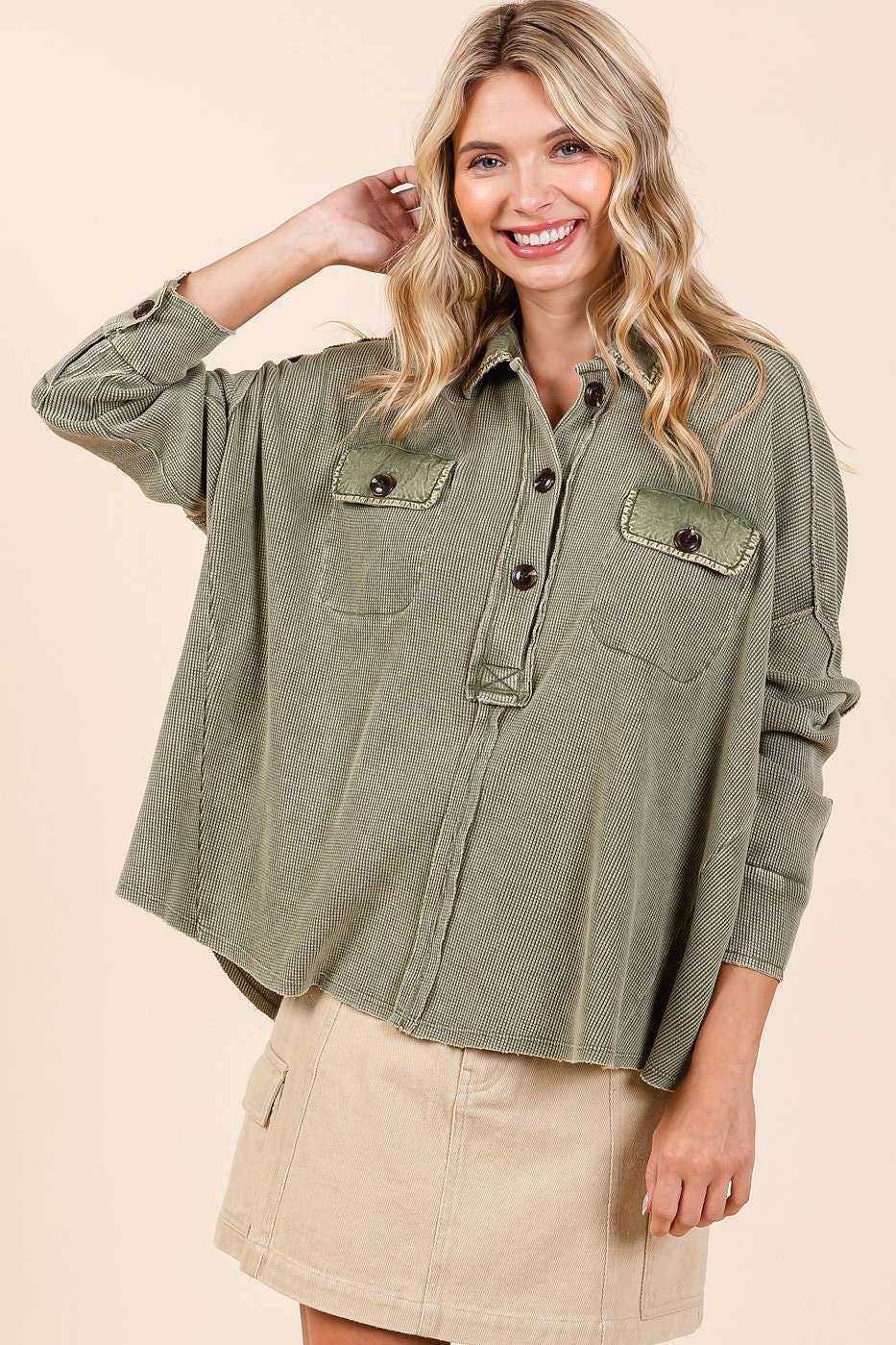 There She Goes (Olive) Waffle Henley Top
