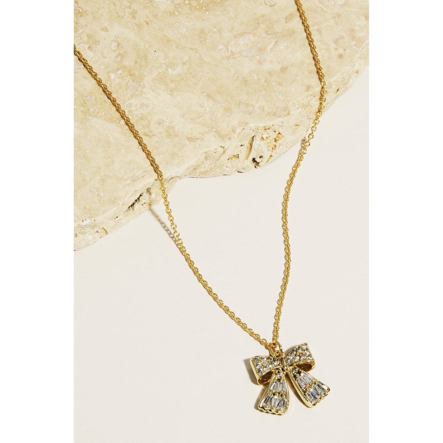 Rhinestone Ribbon Bow Pendant Necklace, Gold