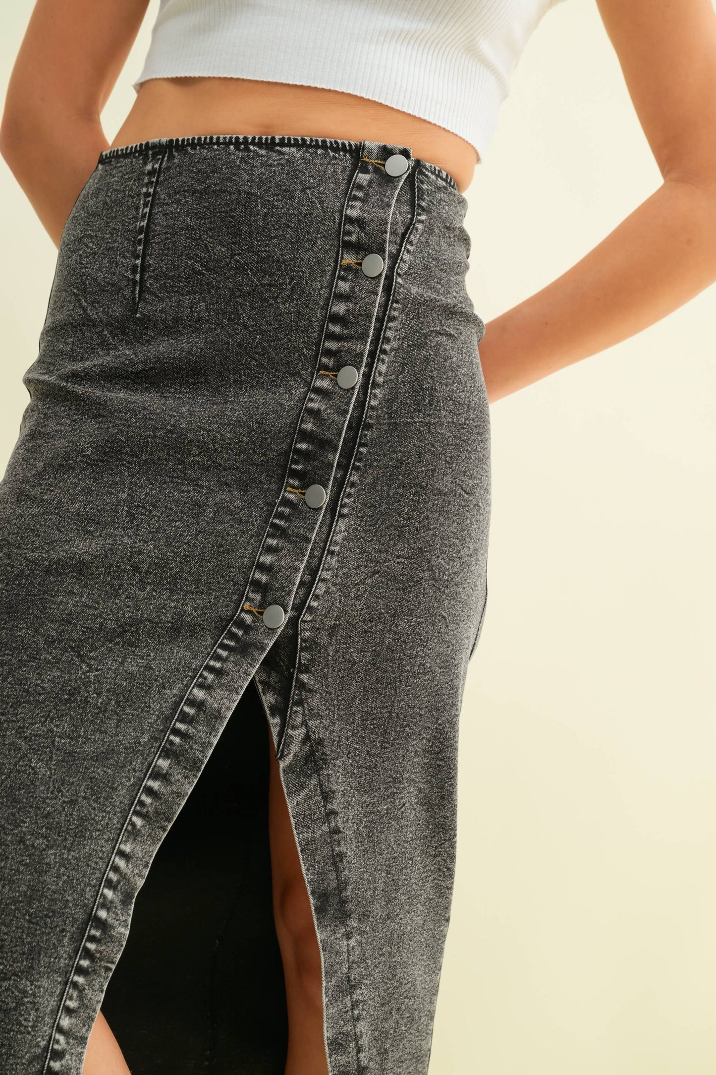 Going Offline (Black) Denim Midi Skirt