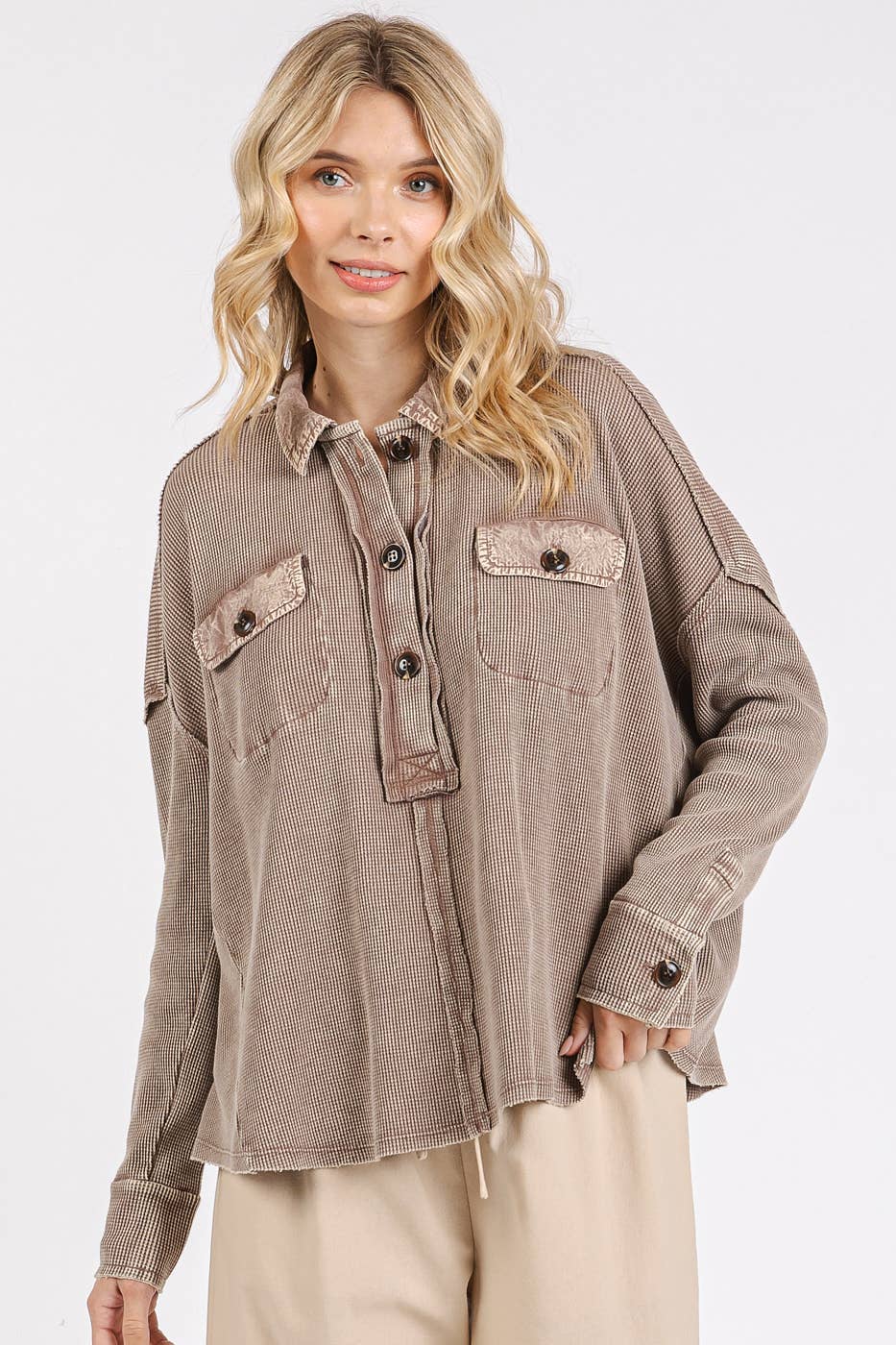 There She Goes (Taupe) Waffle Henley Top