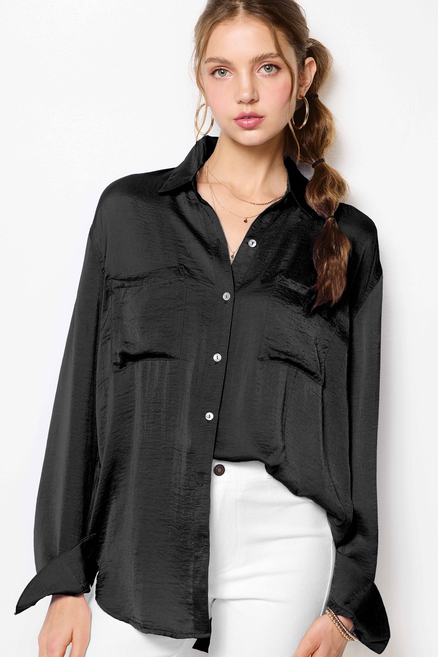 Satin Secret (Black) Button Down Shirt