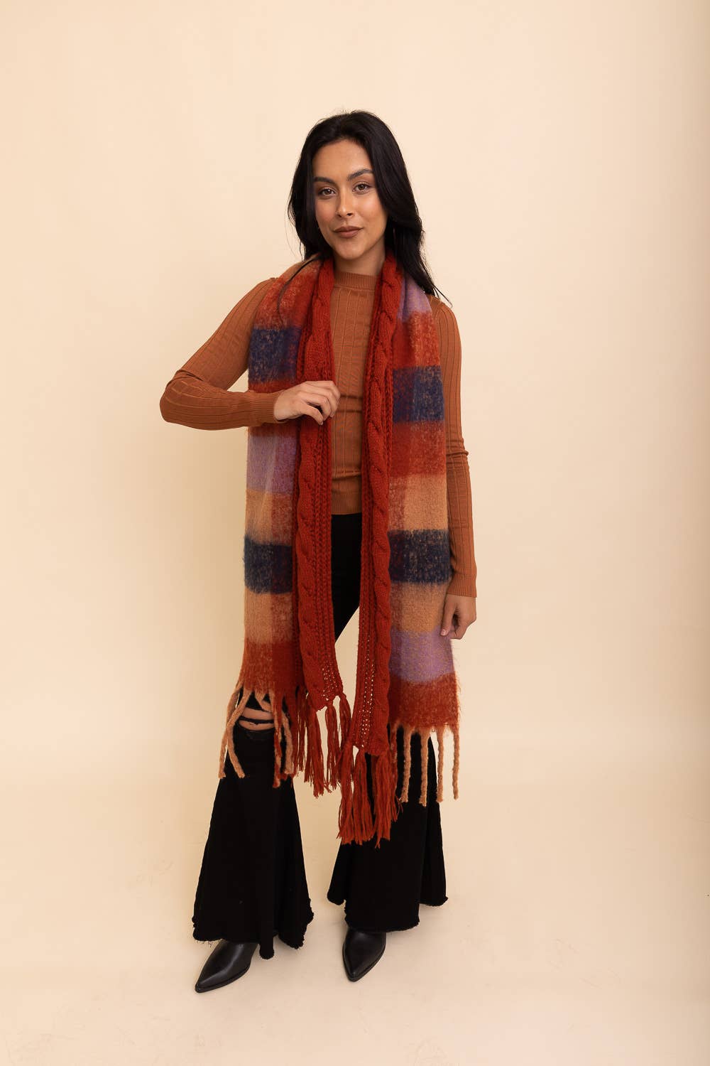 Cozy Knit (Rust) Dual Texture Plaid Scarf