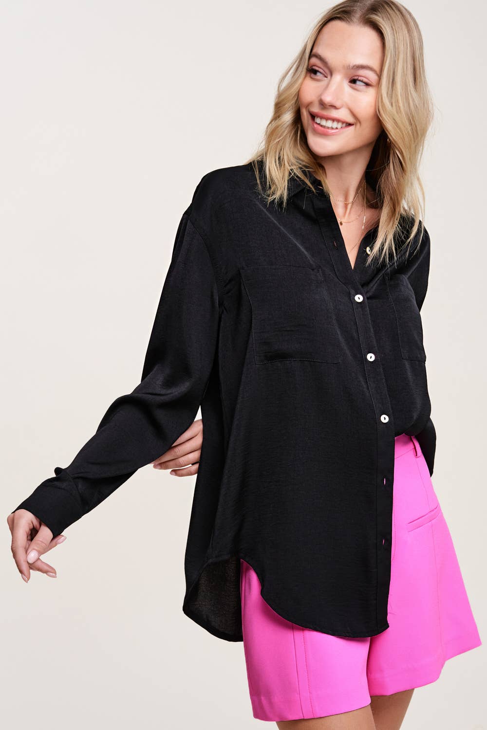 Satin Secret (Black) Button Down Shirt