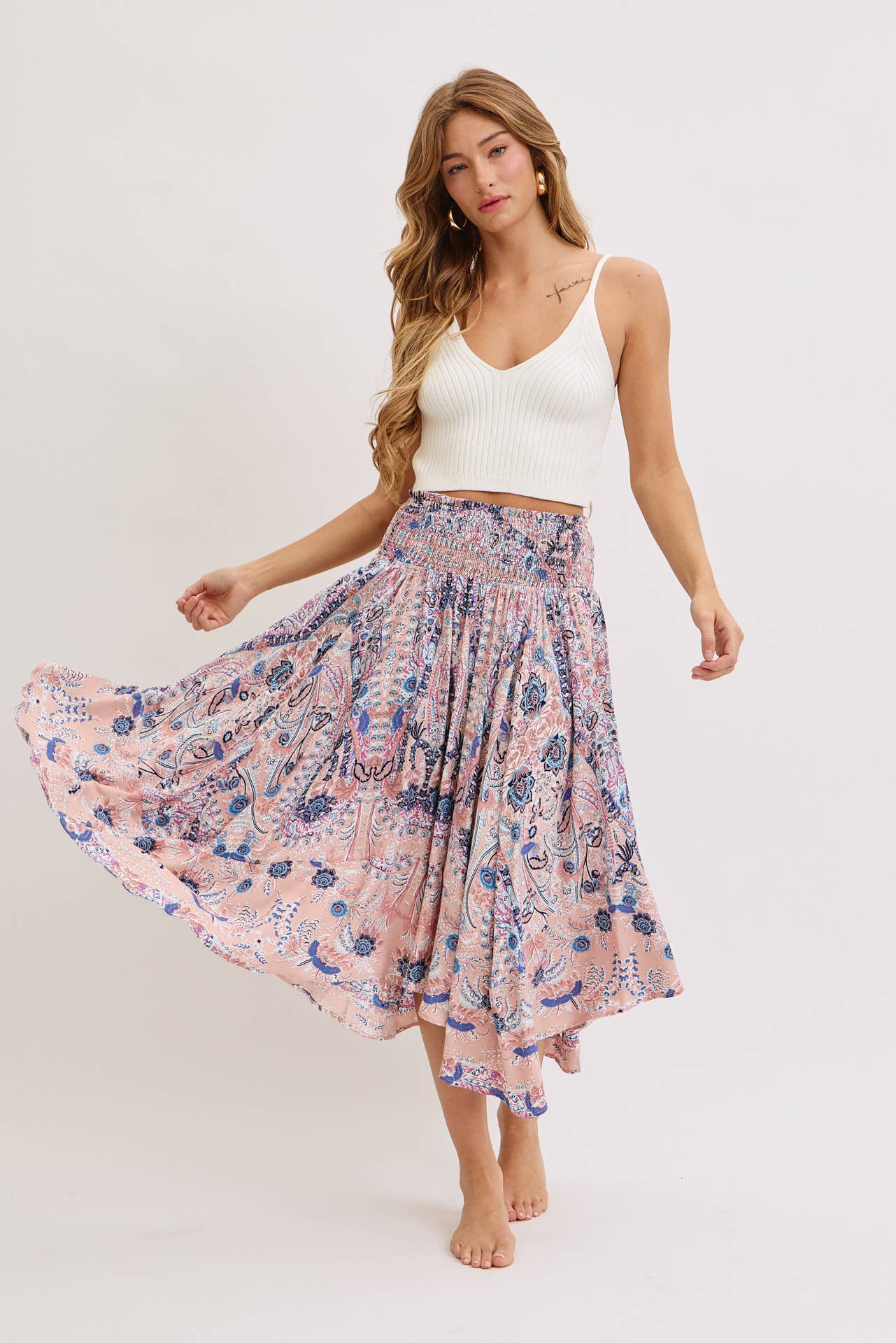 Playful Paisley Boho Print Midi Skirt