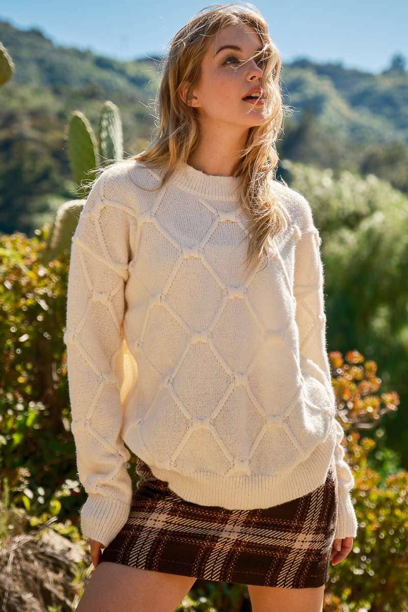 Tell All (Cream) Textured Bow Knit Sweater