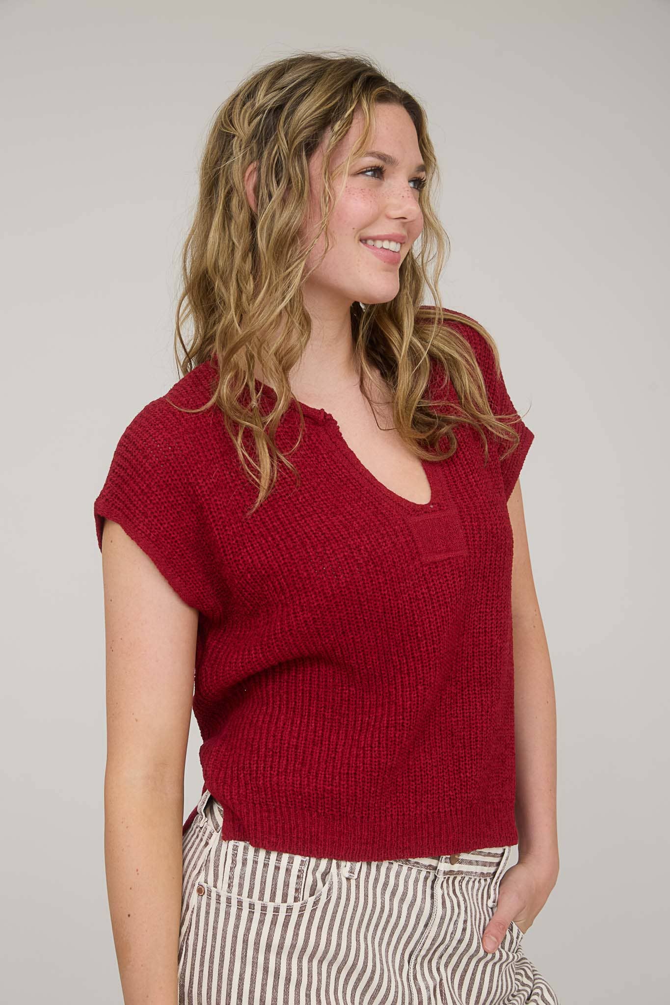 Day Trip (Crimson) SS Split Neck Sweater