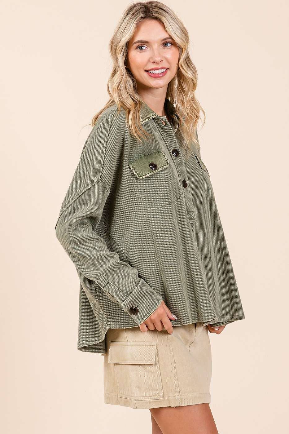 There She Goes (Olive) Waffle Henley Top