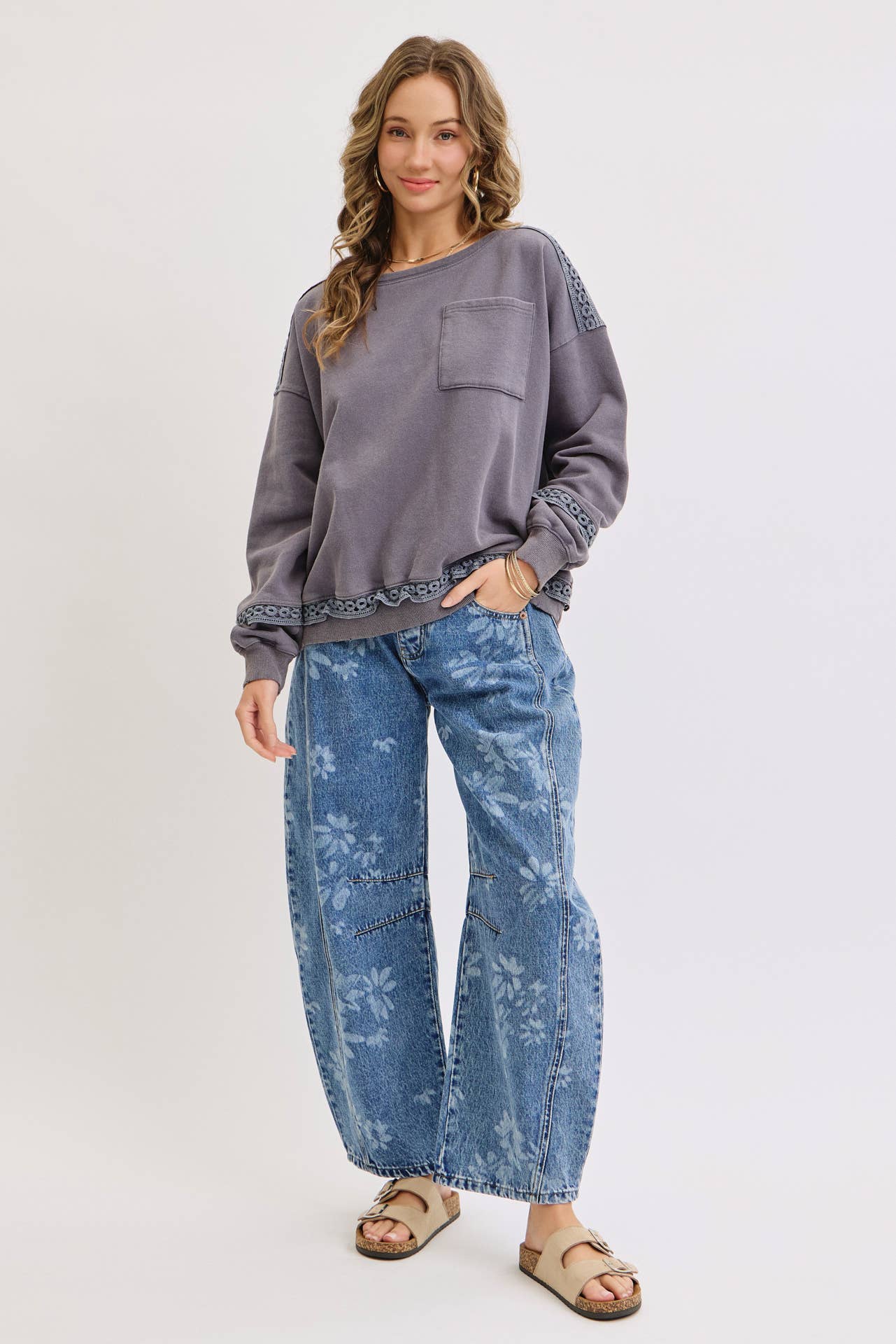 True Icon Floral Denim Barrel Jeans