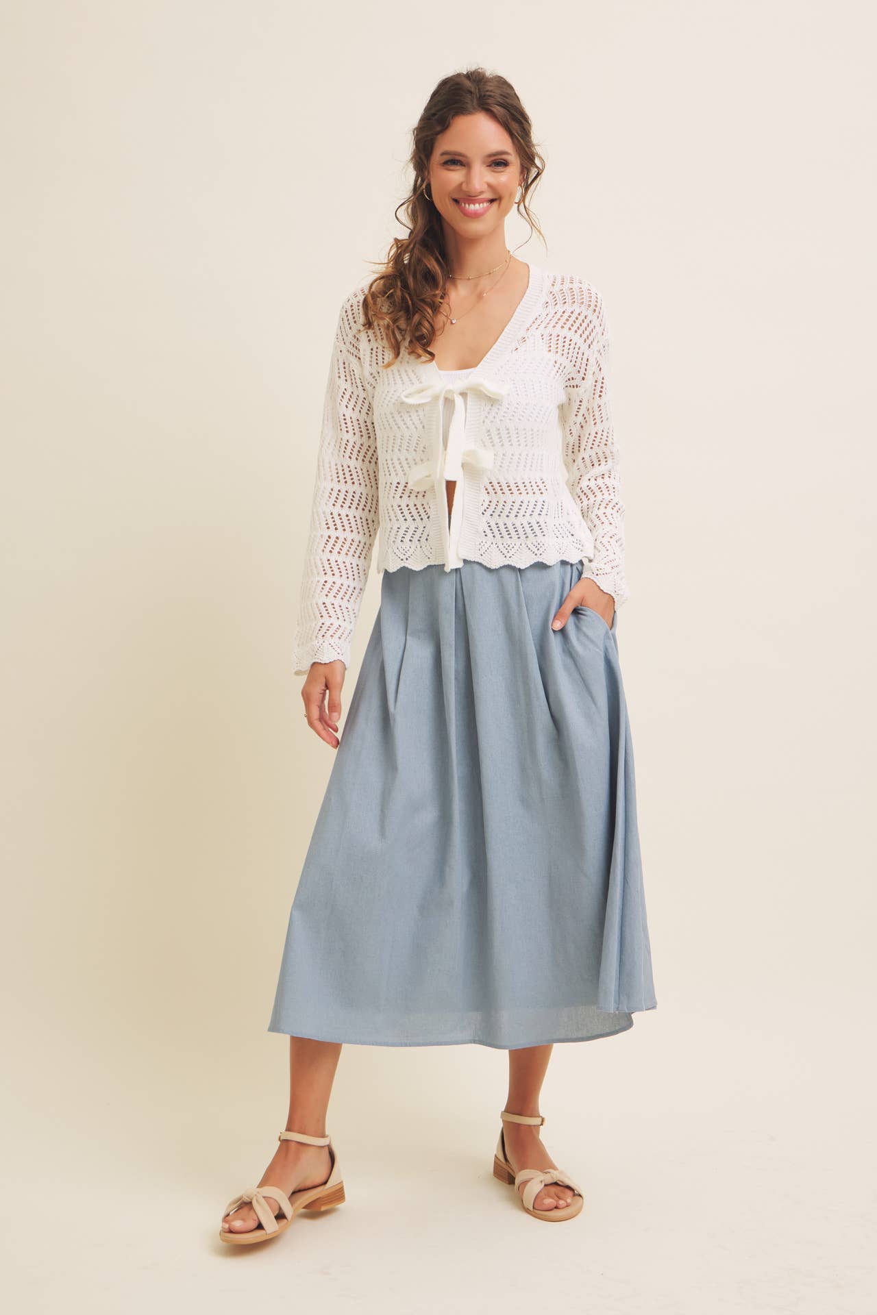 Time Flies (White) Crochet Bow Tie Cardigan
