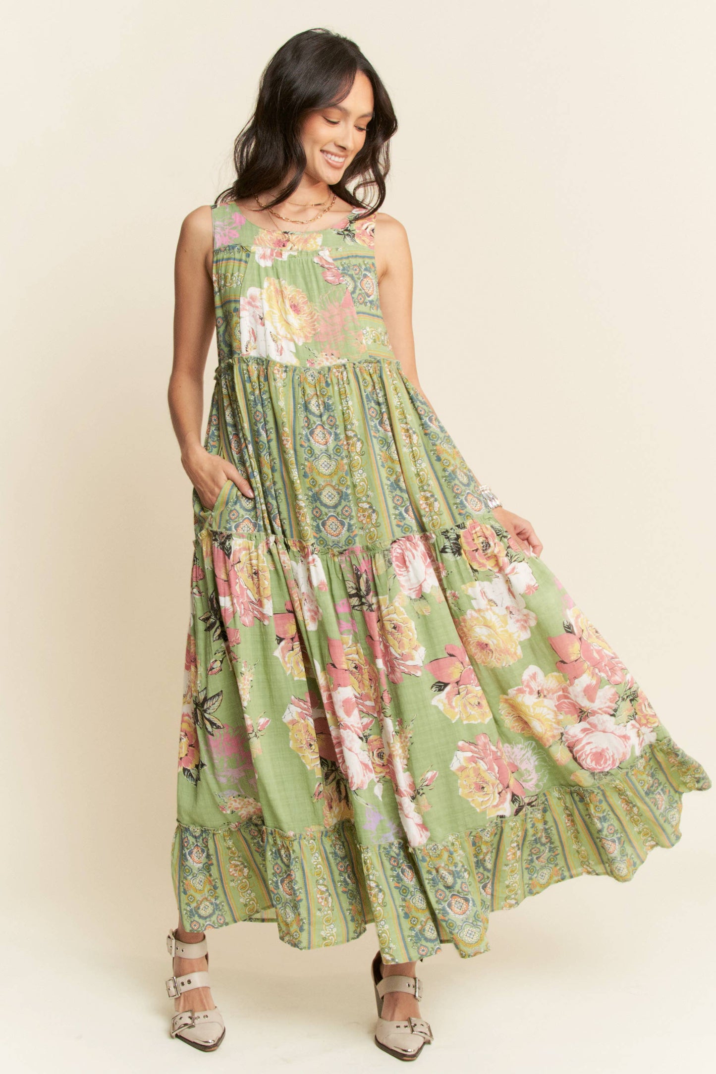 Tangled In Bloom (Sage) Floral Mix Dress