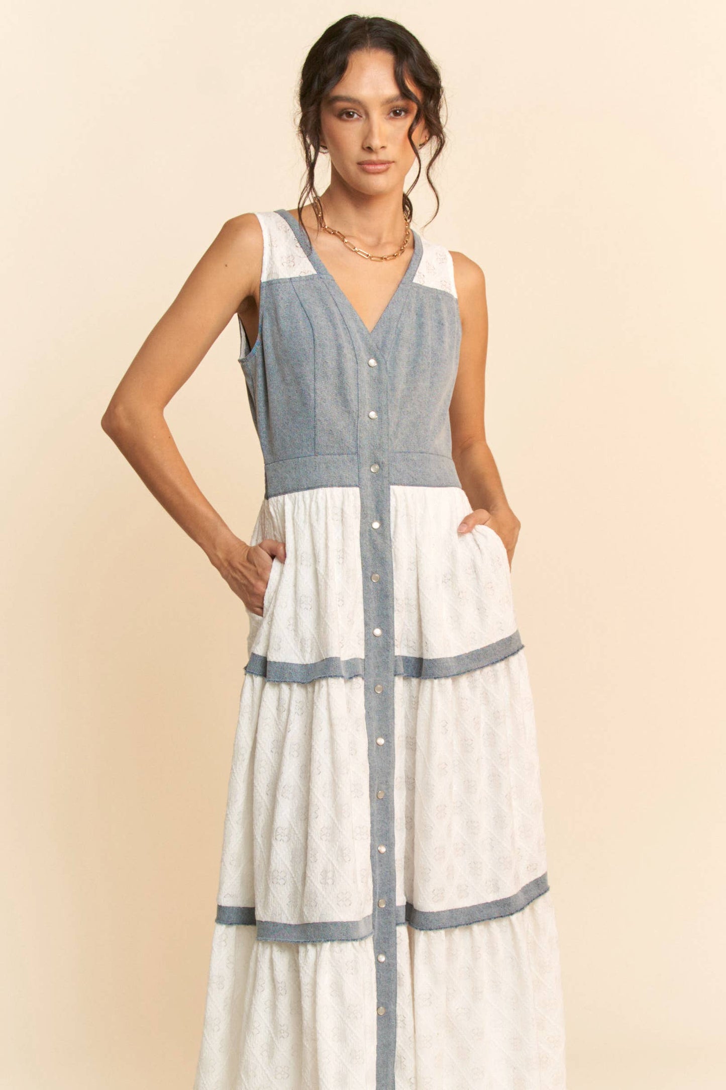 Down A Hidden Lane Denim & Lace Dress