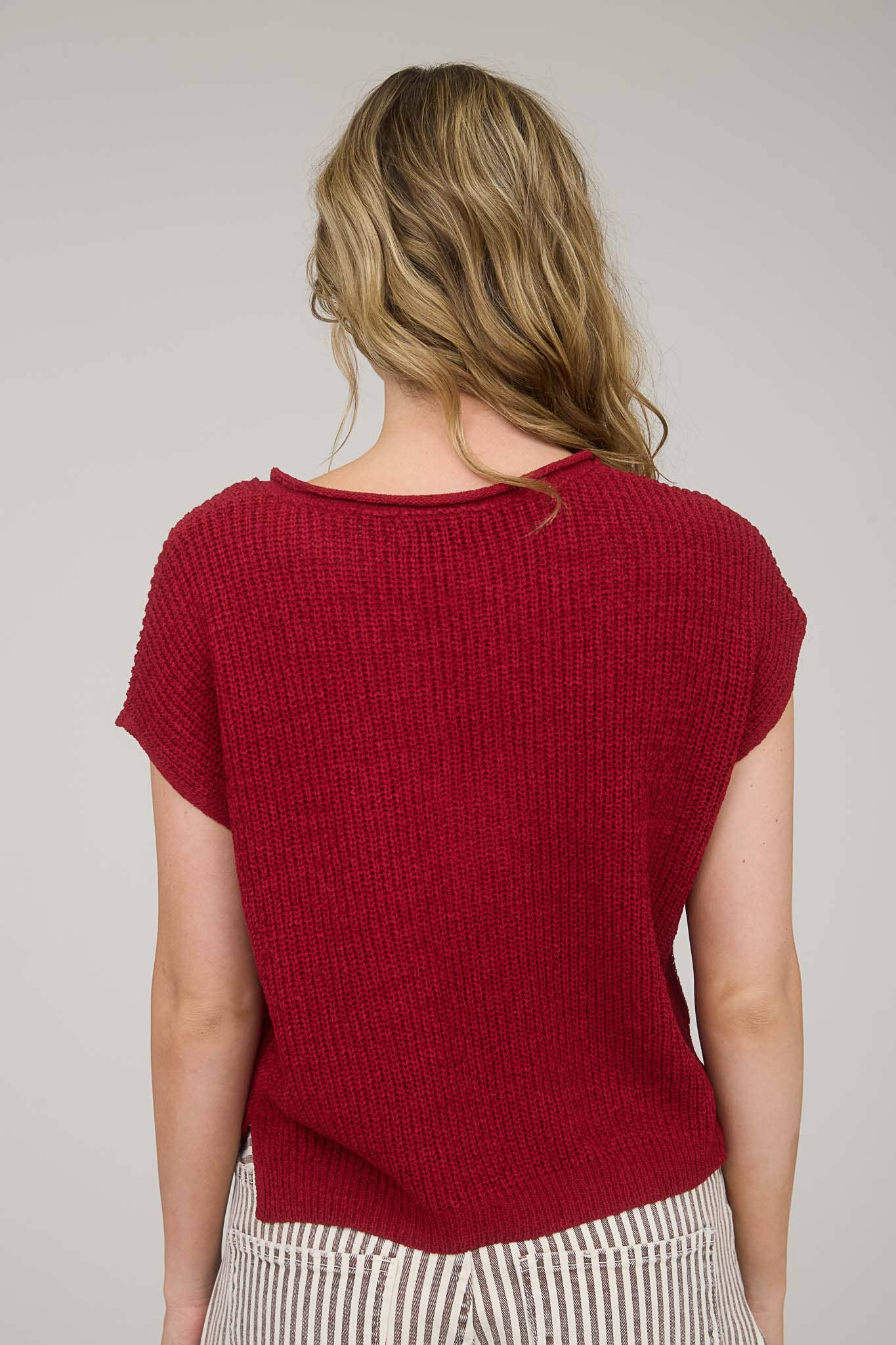 Day Trip (Crimson) SS Split Neck Sweater