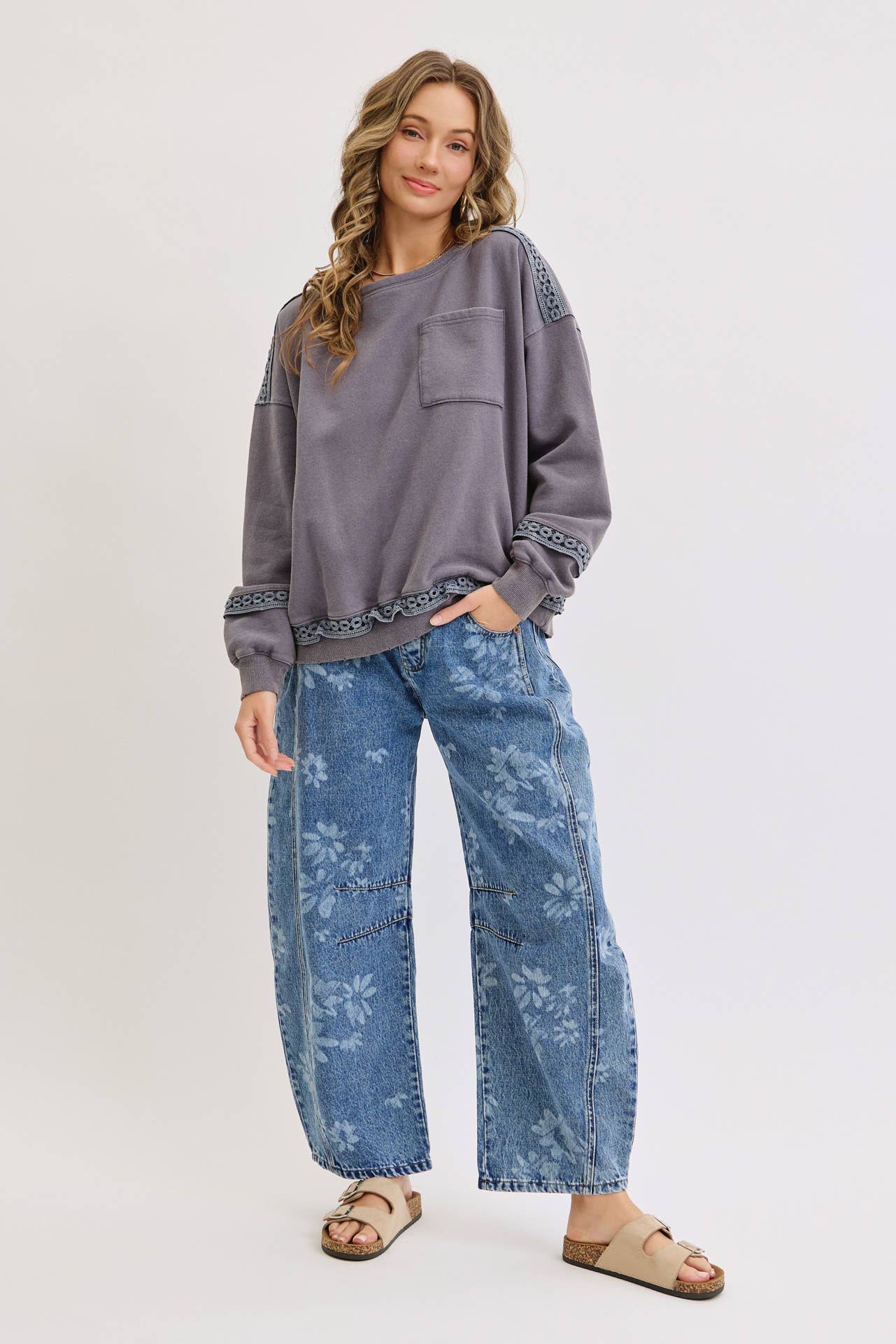 True Icon Floral Denim Barrel Jeans