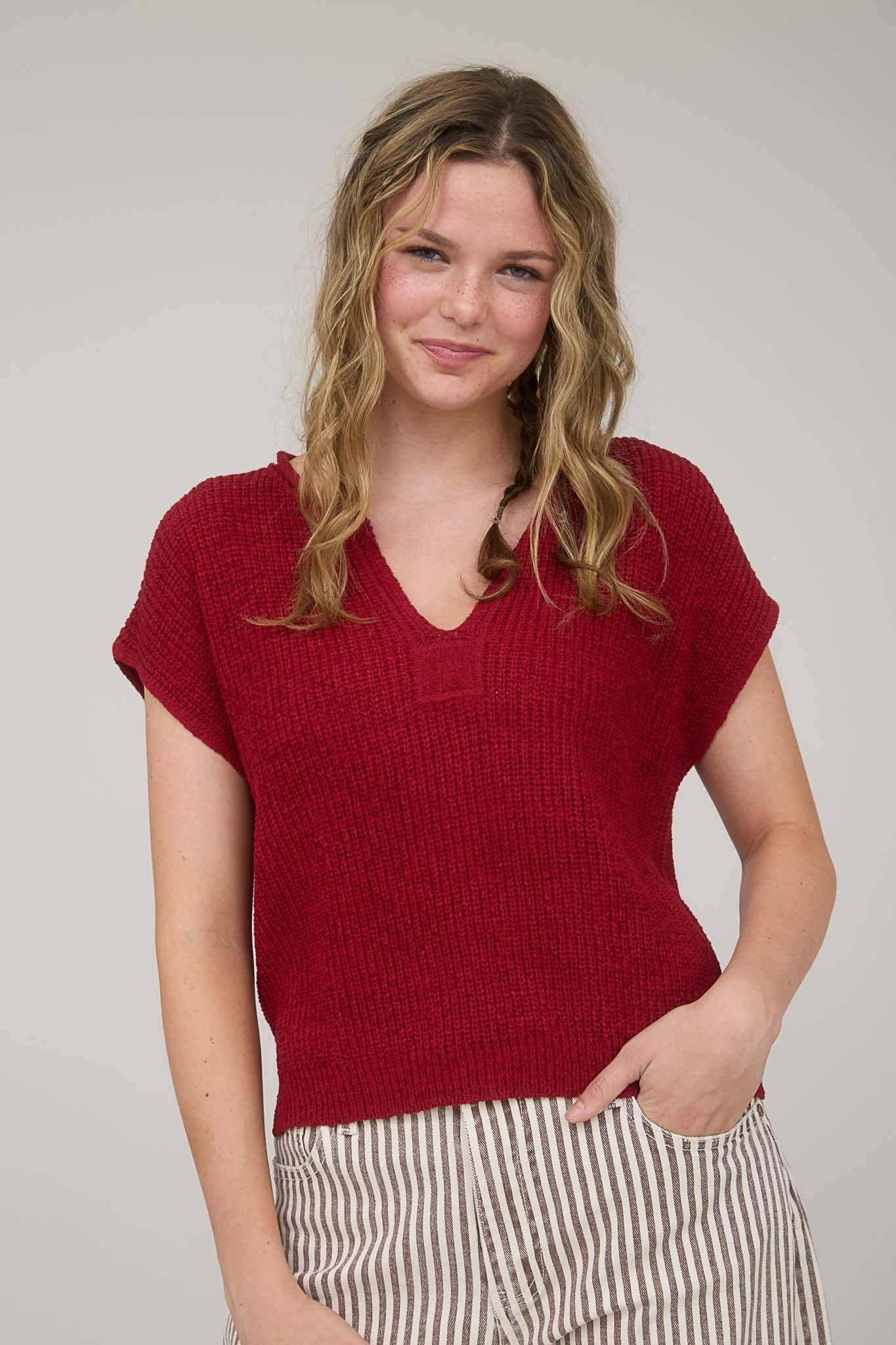 Day Trip (Crimson) SS Split Neck Sweater