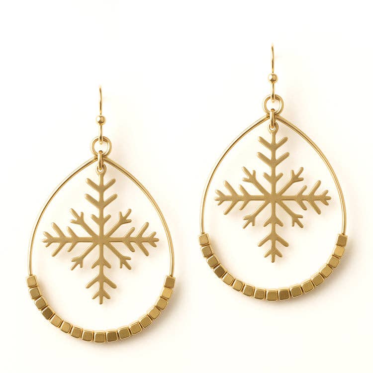 Gold Snowflake Cutout with Gold Beaded Accent Open Circle 2" Earring