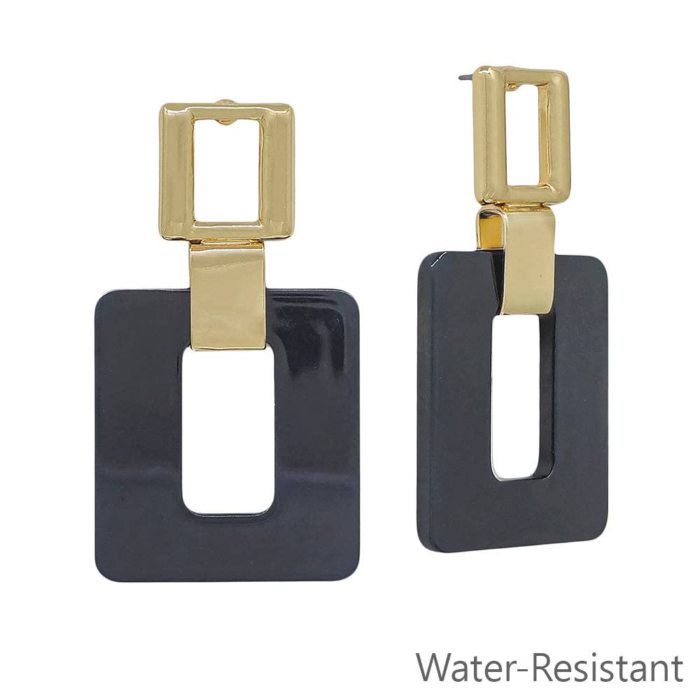 Water Resistant Black Acrylic and Gold Square Earring