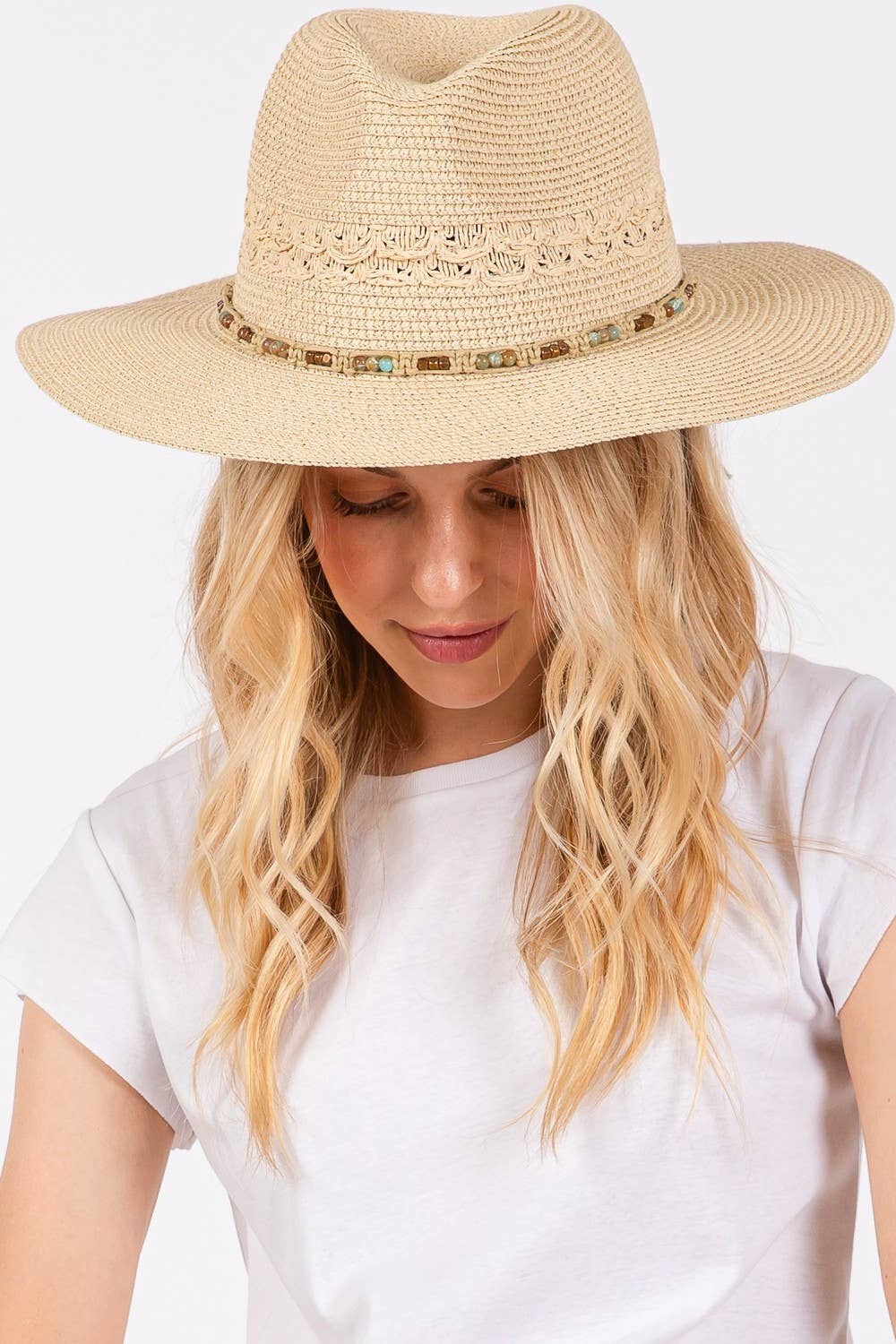 Natural Woven Beaded Band Straw Sun Hat