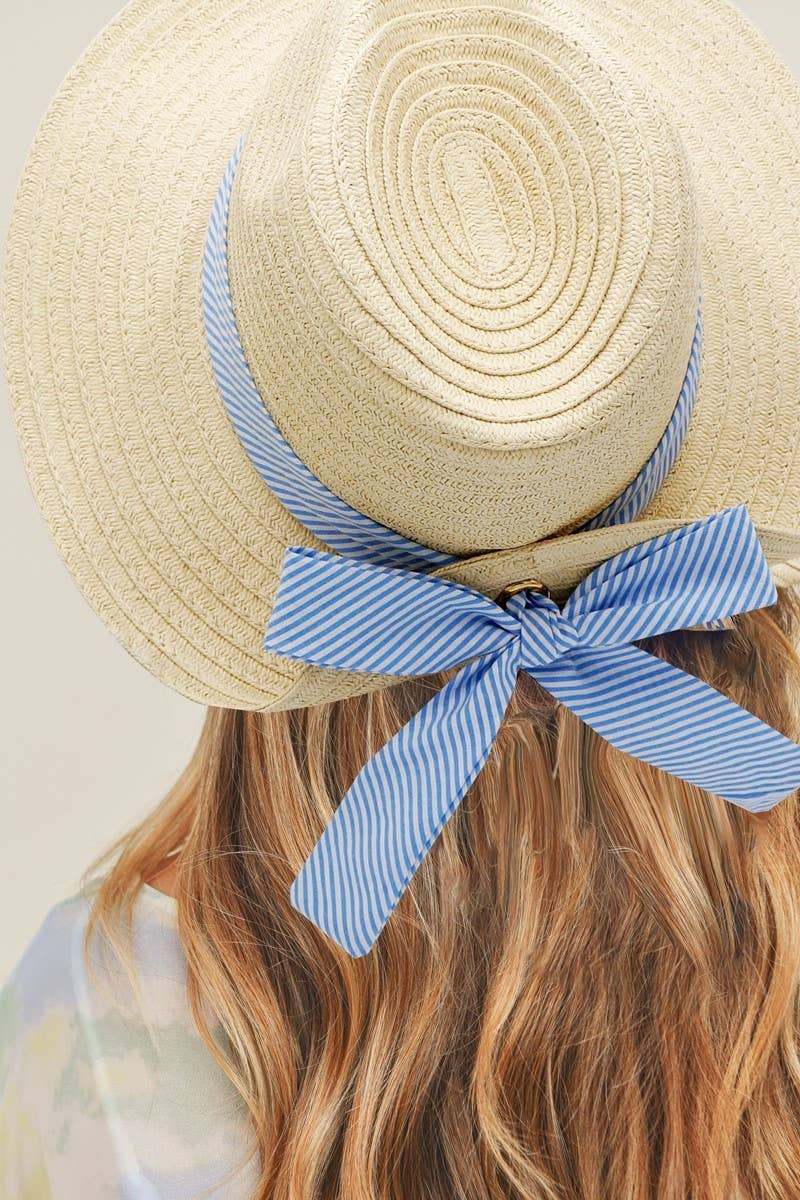 Beige/Pink Striped Ribbon Flip Back Bow Straw Hat