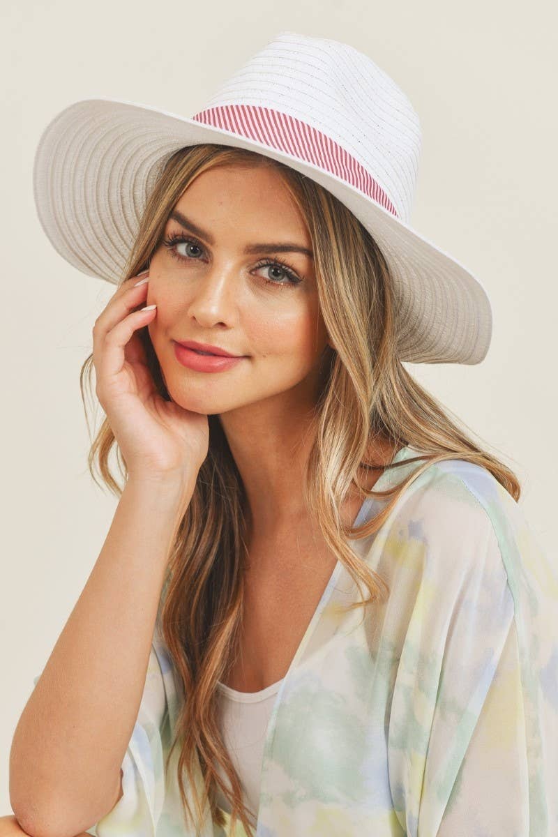 Beige/Pink Striped Ribbon Flip Back Bow Straw Hat