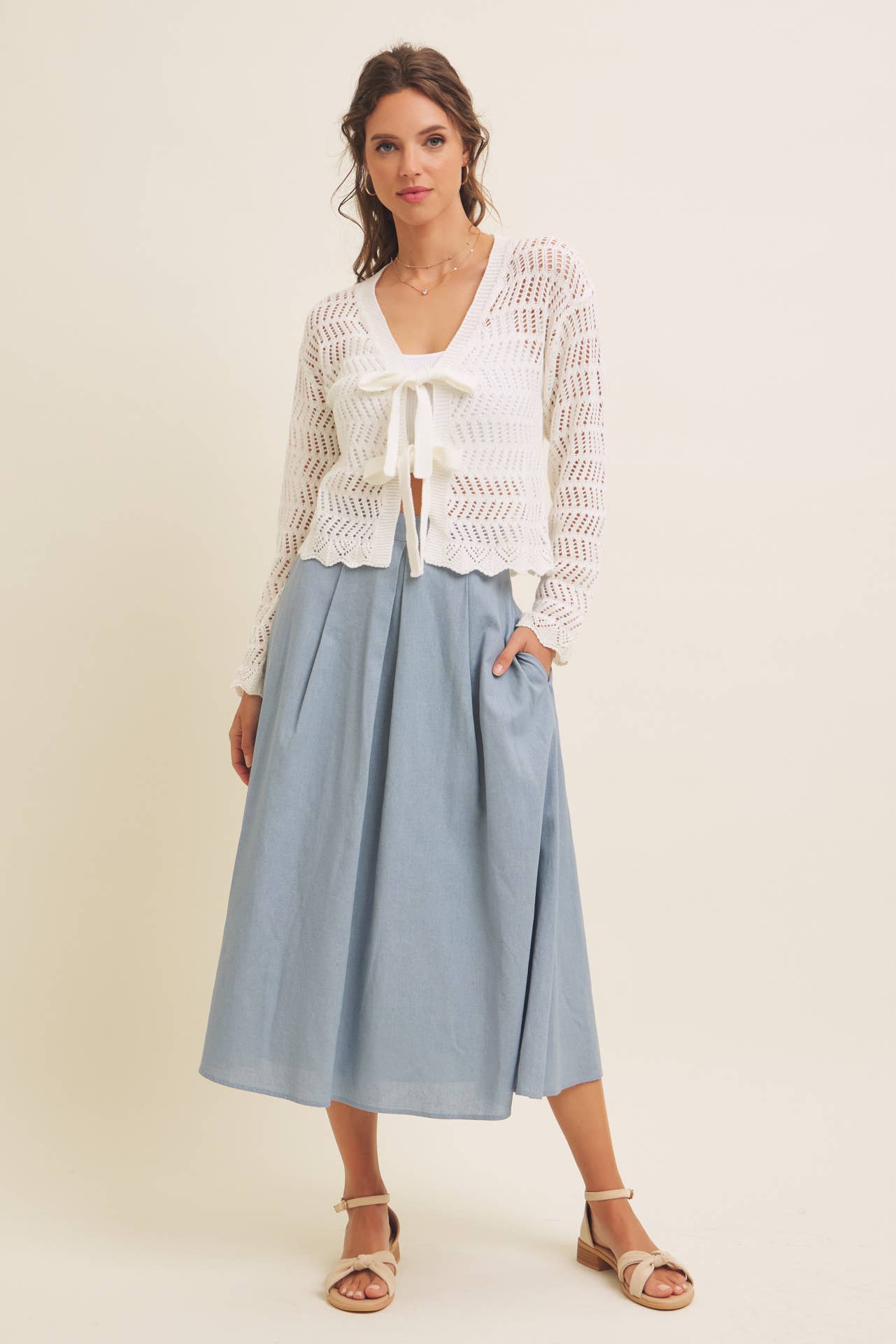 Time Flies (White) Crochet Bow Tie Cardigan