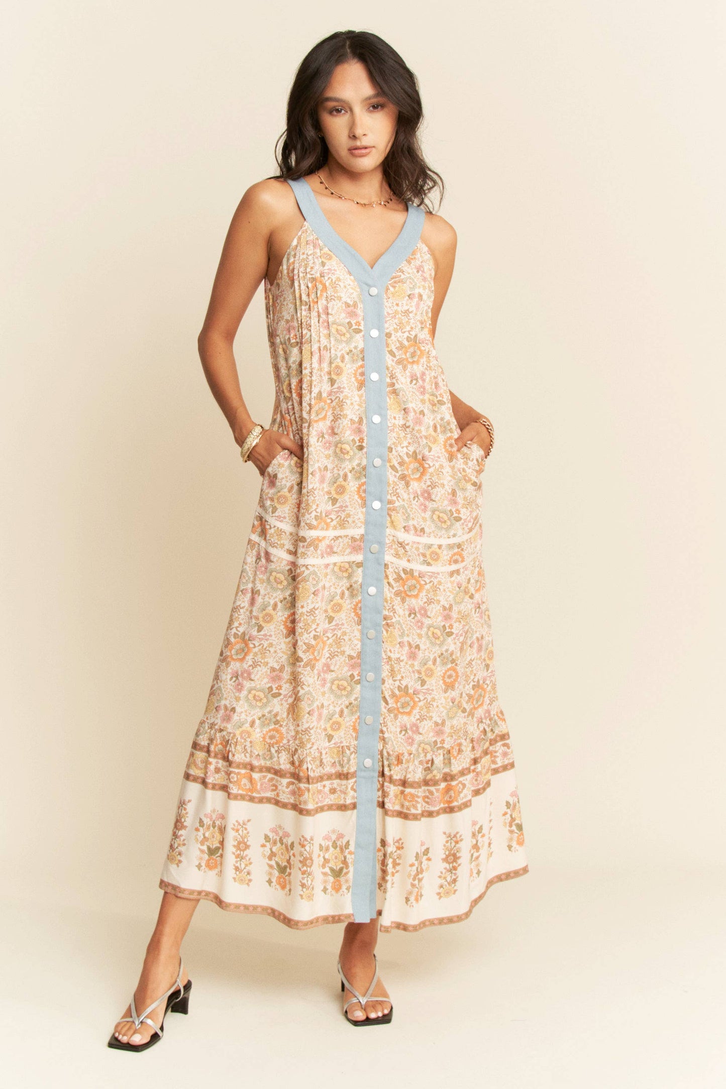 High Noon Floral Denim Trim Dress