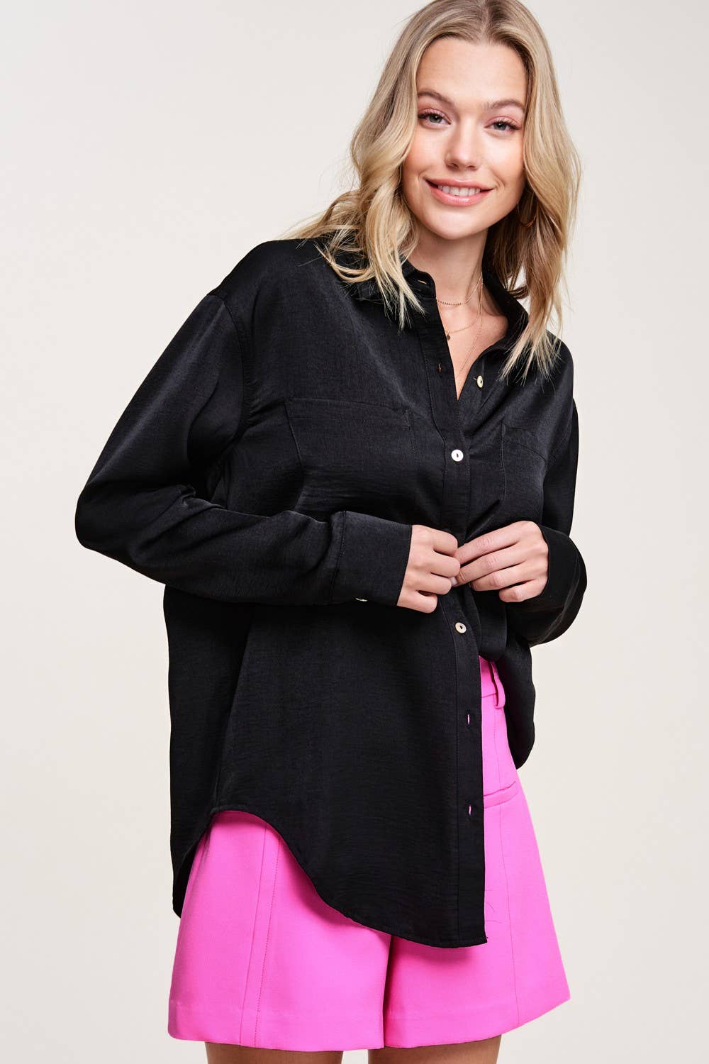 Satin Secret (Black) Button Down Shirt