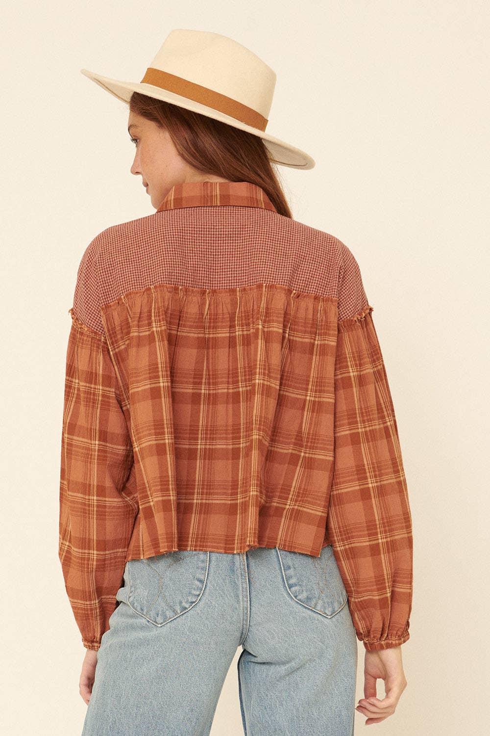 Open Skies (Rust) Plaid Ruffle Seam Shirt