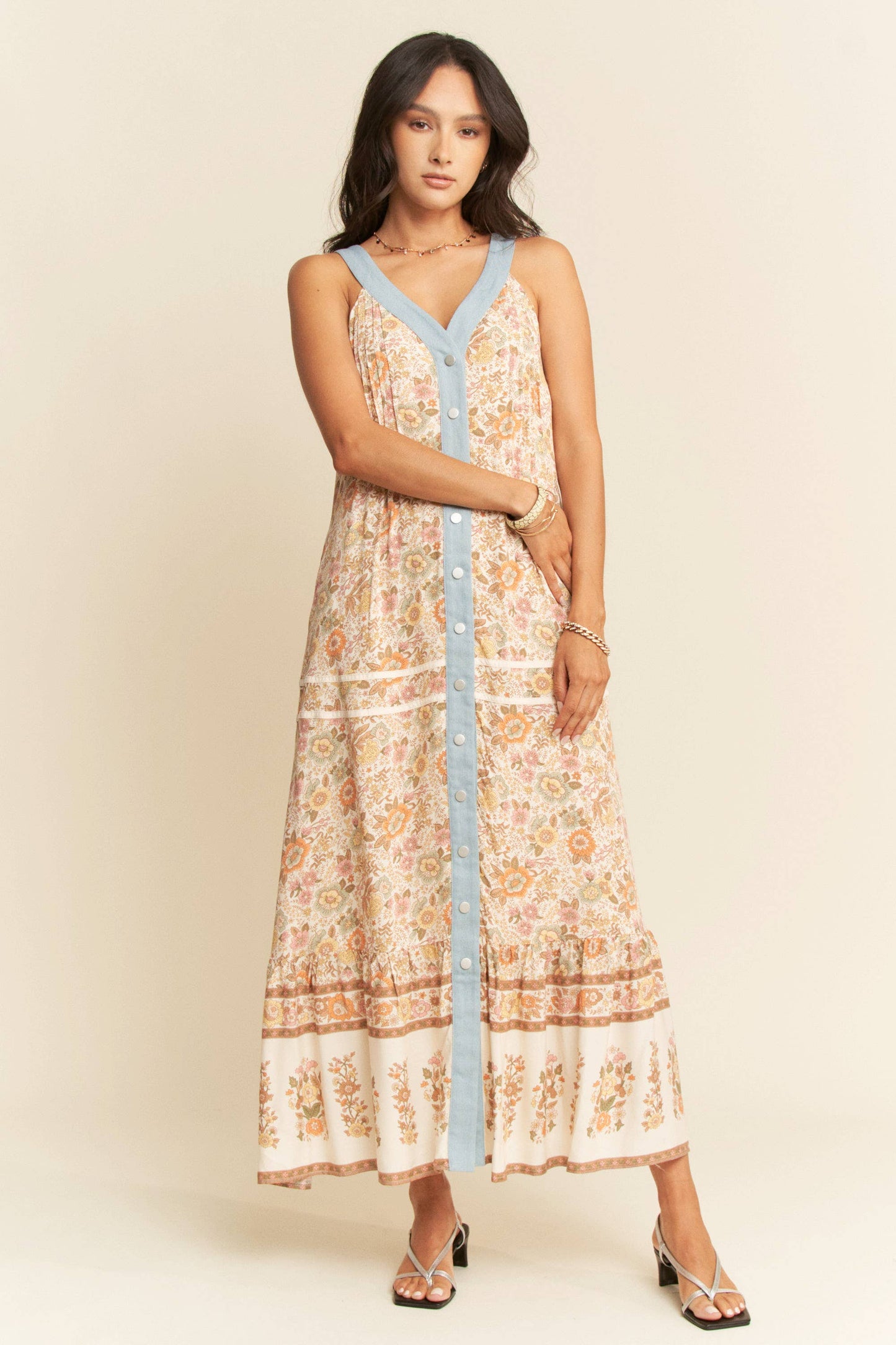 High Noon Floral Denim Trim Dress