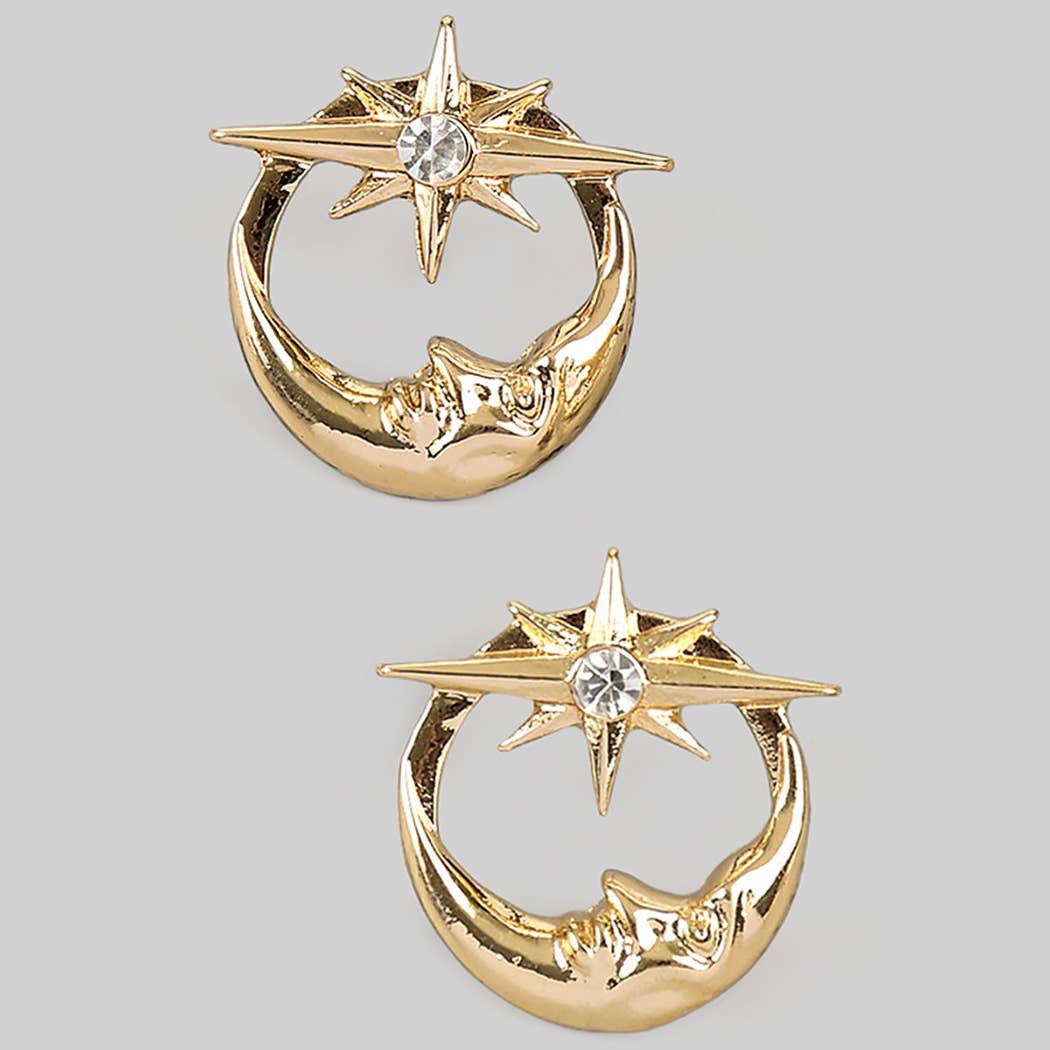 Moon & Cz Star Post Earrings, Gold