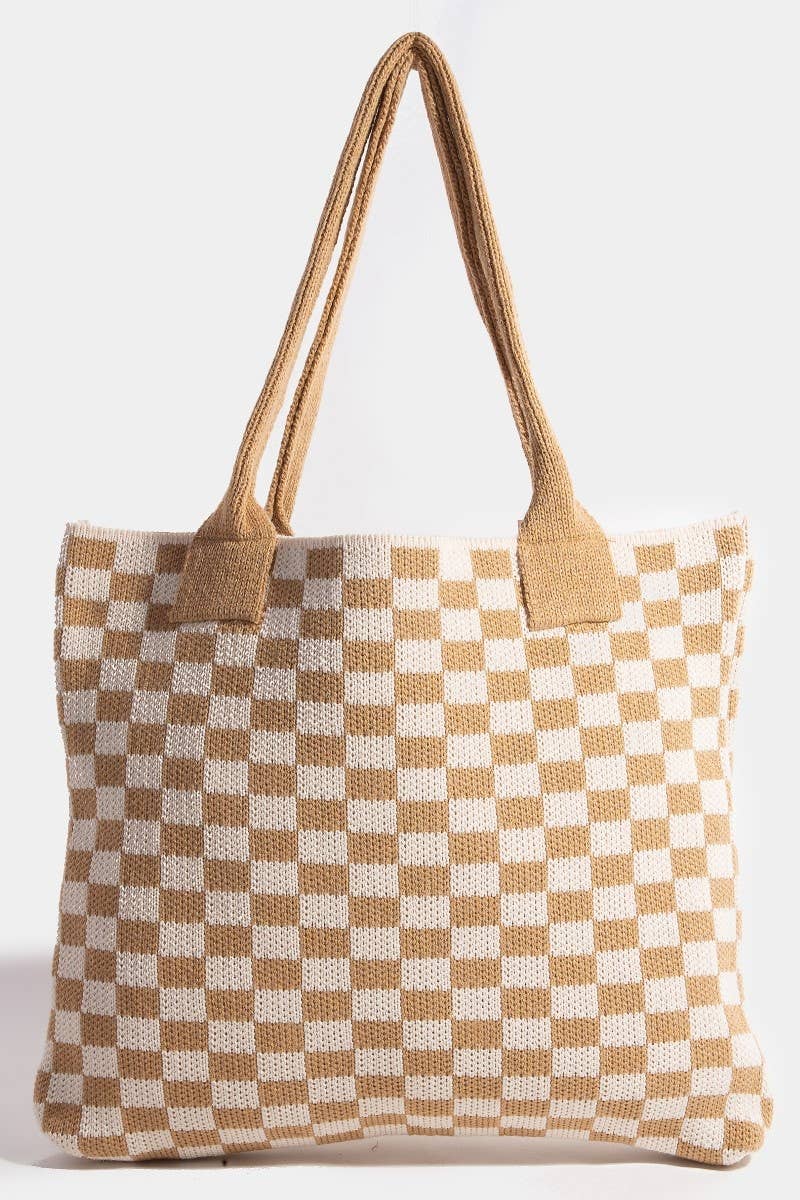 Tan Checkered Pattern Tote Bag