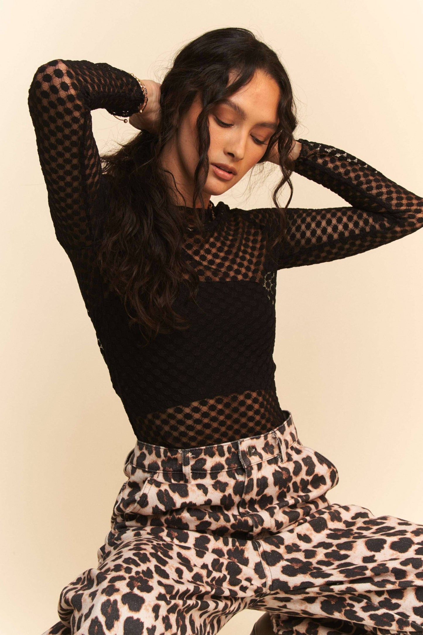 My Hope (Black) LS Dot Lace Mesh Top
