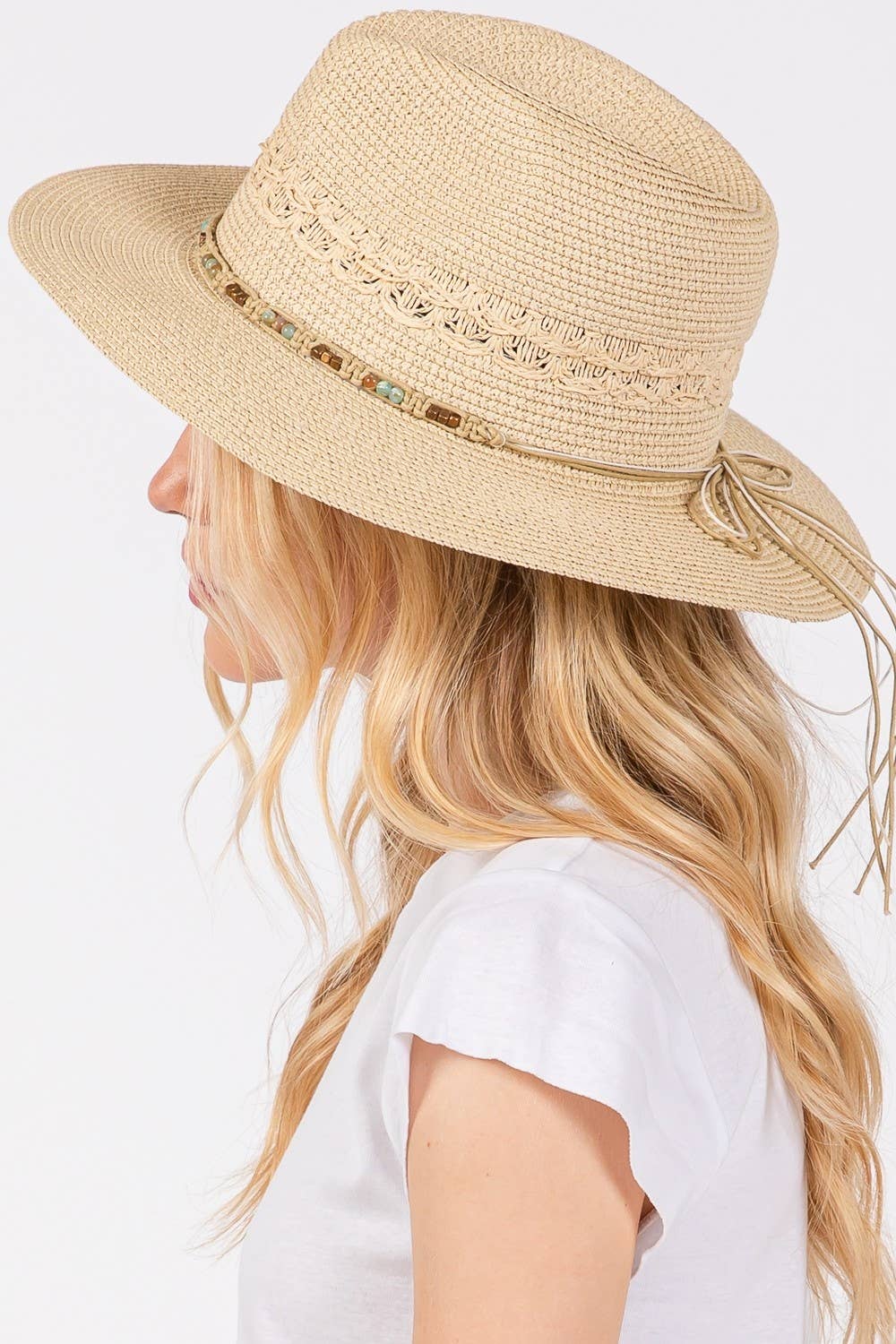 Natural Woven Beaded Band Straw Sun Hat