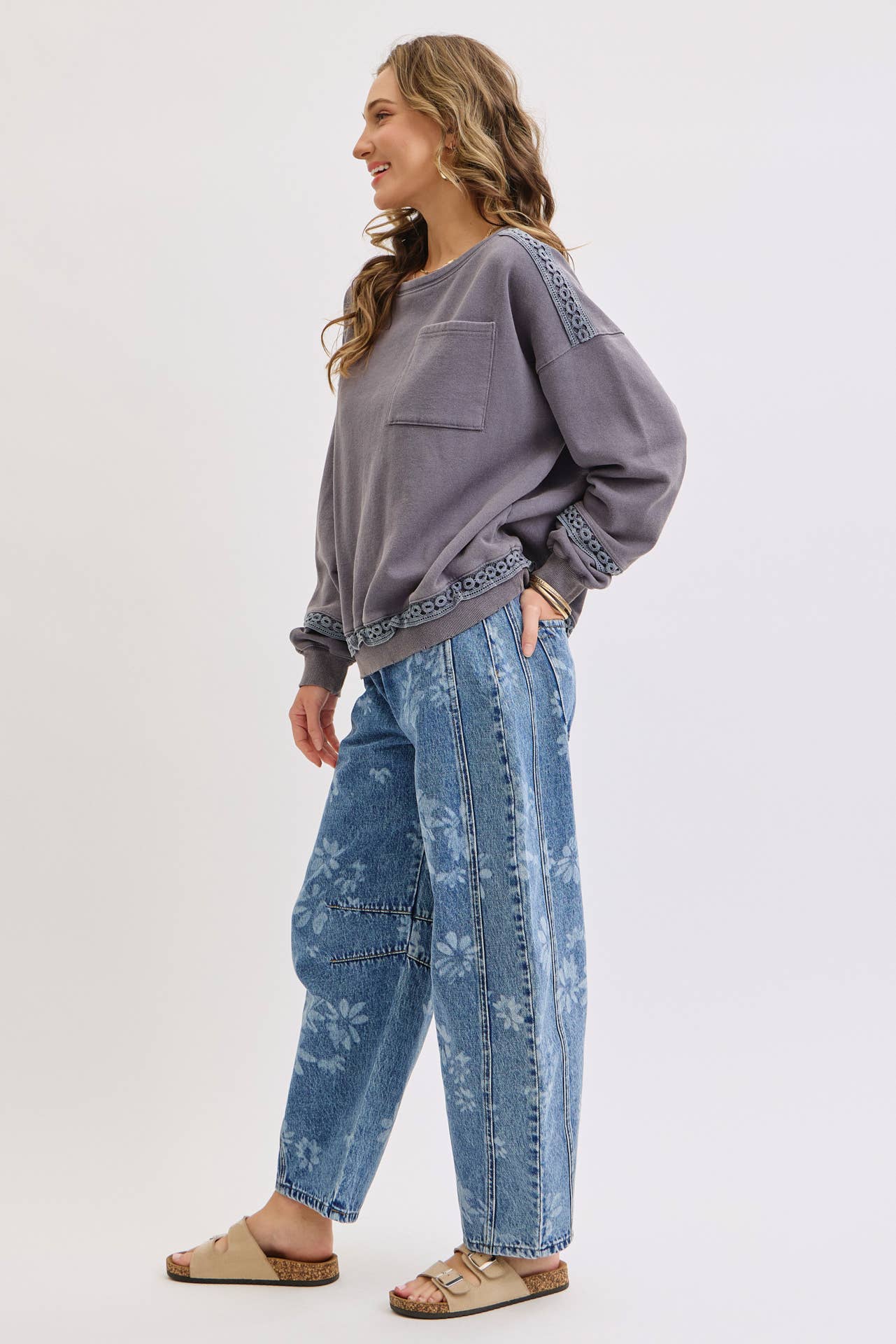 True Icon Floral Denim Barrel Jeans